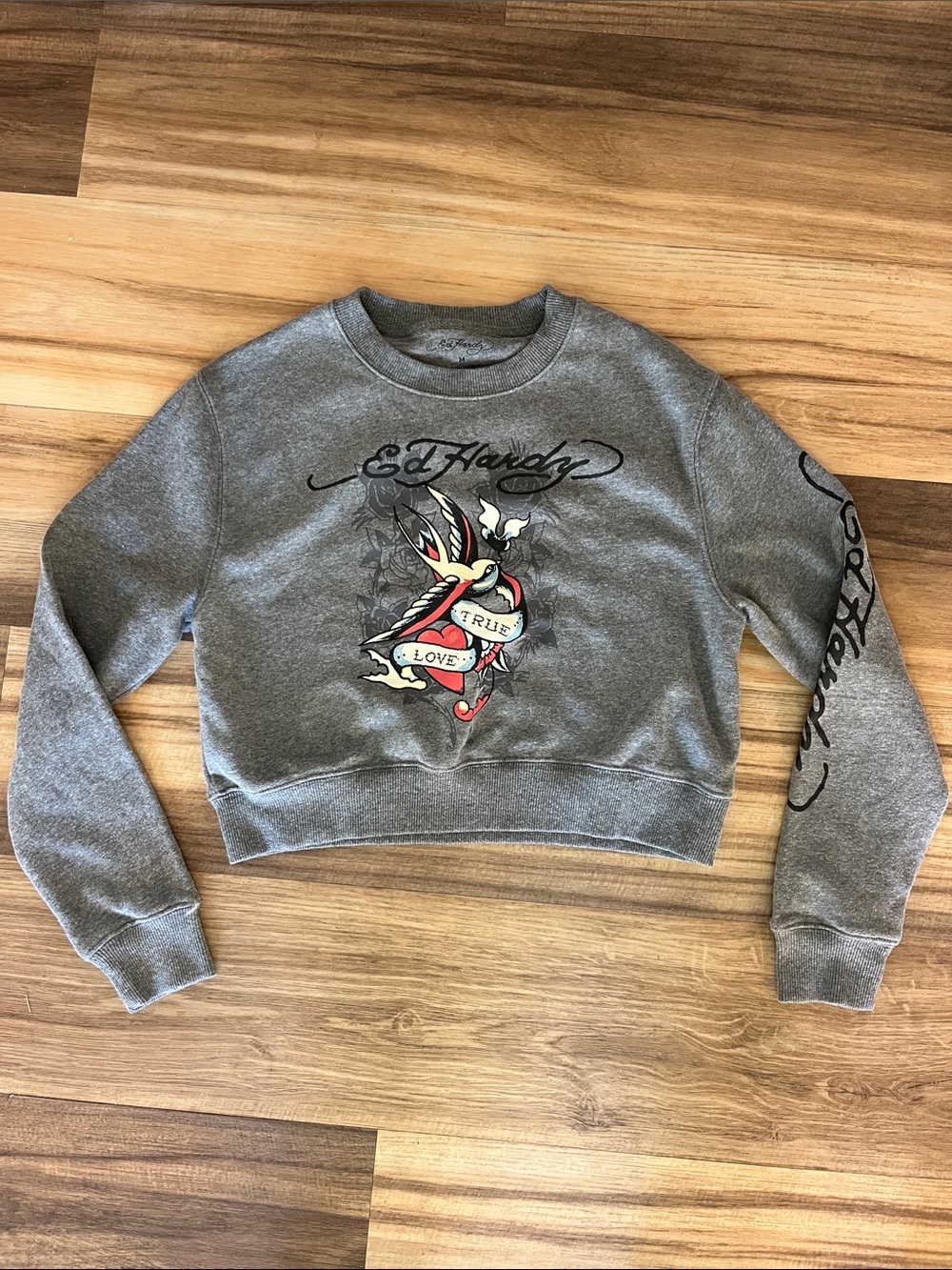 Ed Hardy Cropped Sweatshirt Gray Tattoo Graphic M
